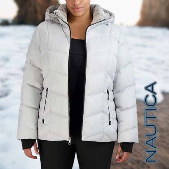Nautica | Women's Hooded  Puffer Jacket Detachable Fx Fur Hood | Silver | NWOT - Picture 12 of 15
